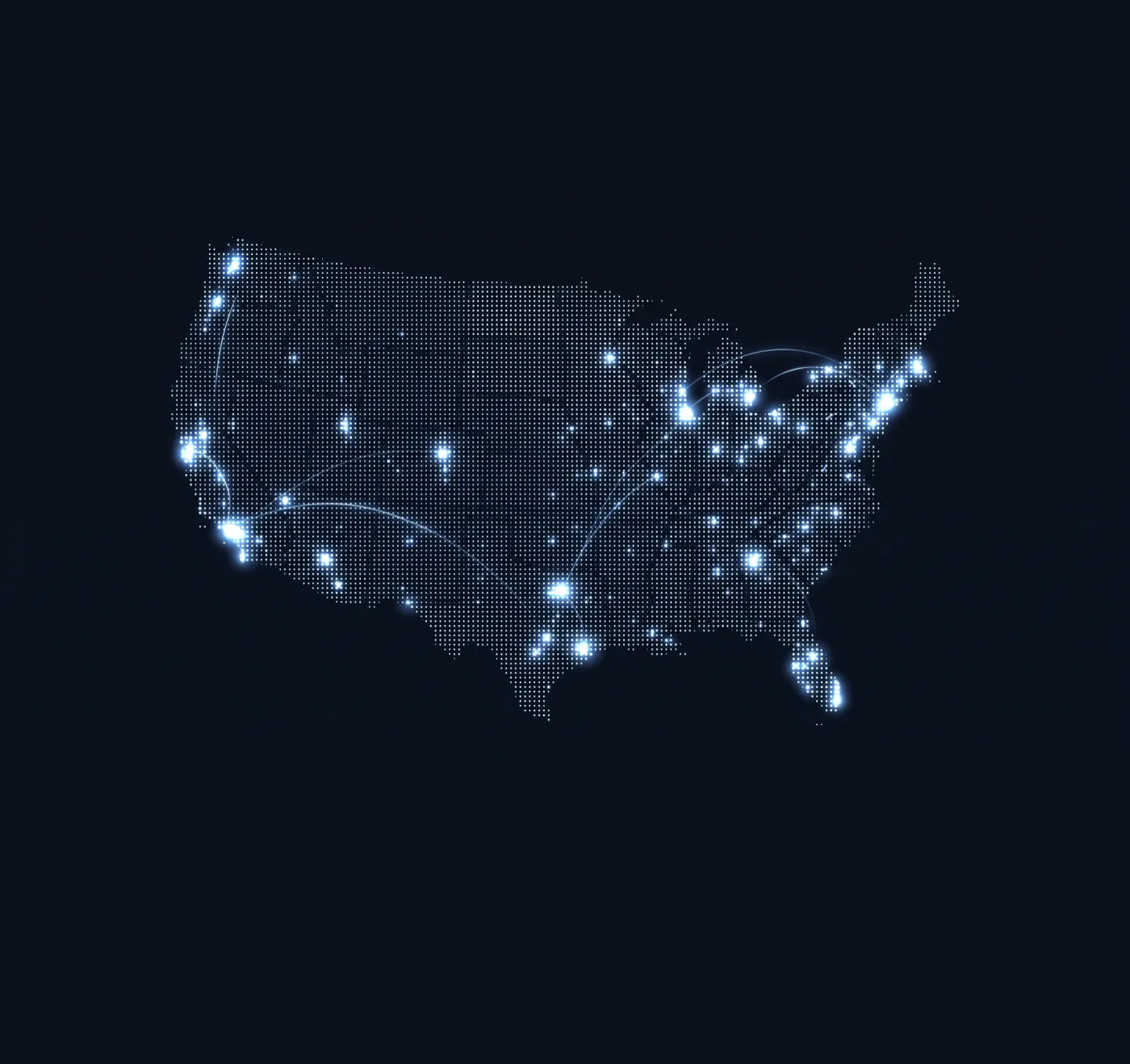 Digital dot-grid map of the United States with glowing hotspots
